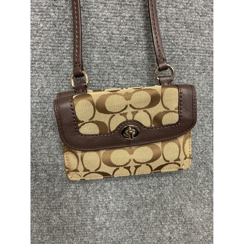 Coach Monogram Canvas Mini Crossbody Bag Wallet Purse Brown Leather Trim Travel
